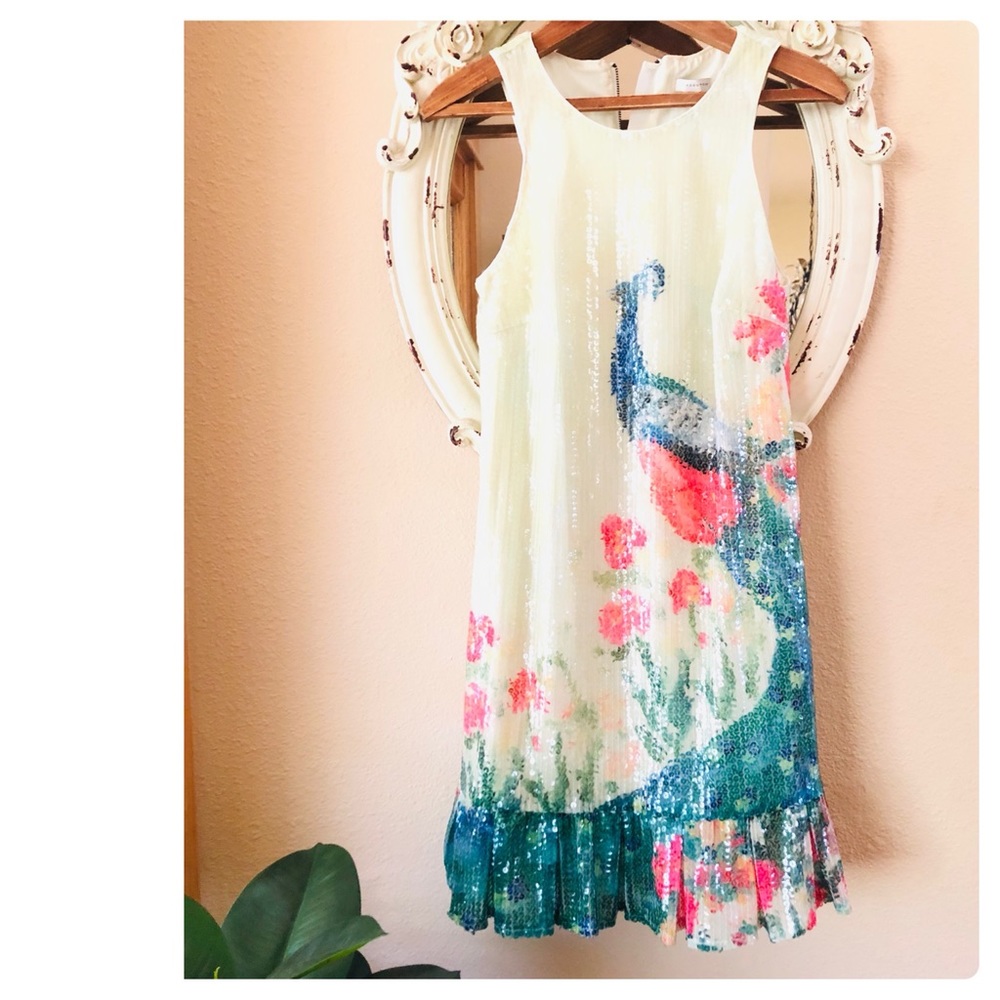 {Anthropologie} highly coveted Sequined Swing Peacock Dress {RARE} - Picture 3 of 13